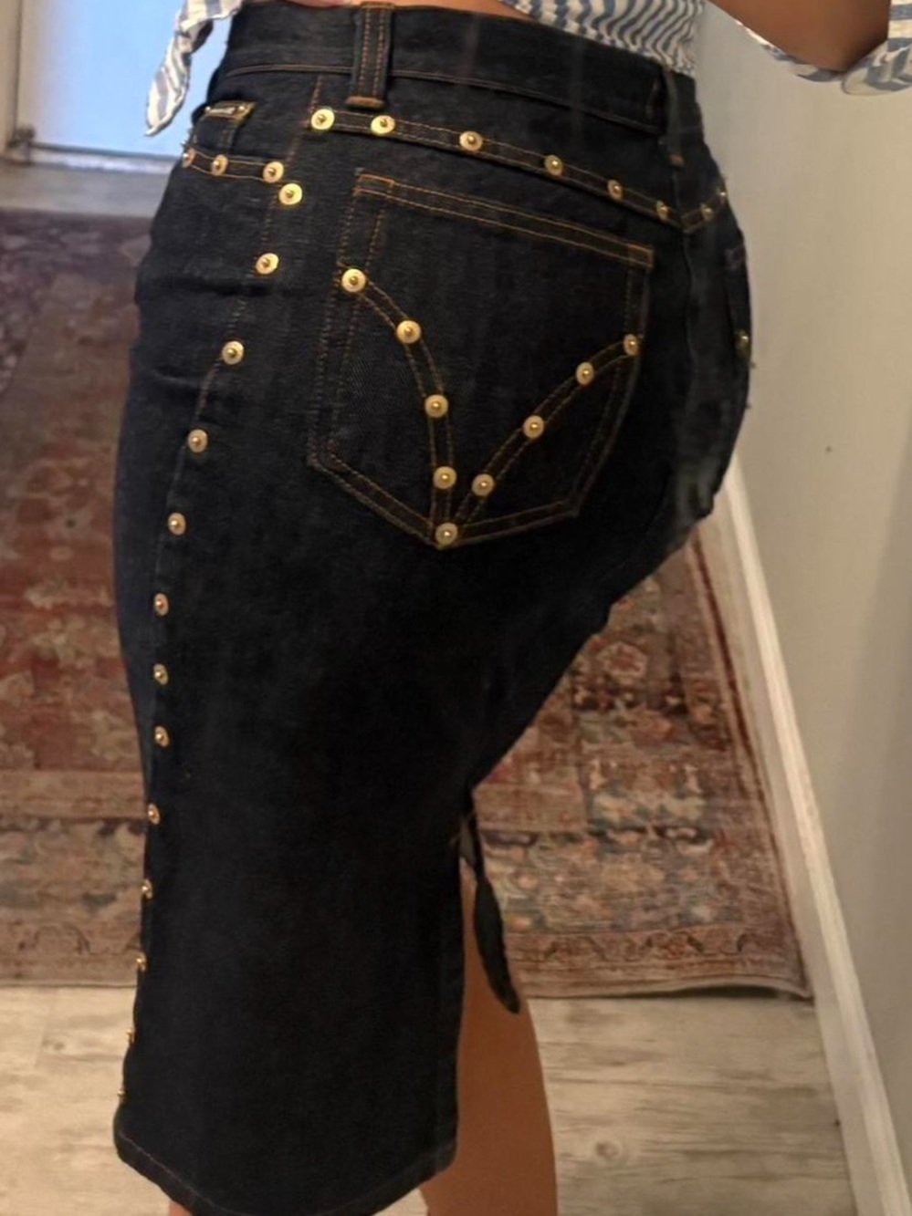 Dolce & Gabbana vintage Denim Pencil Skirt with Gold Studs